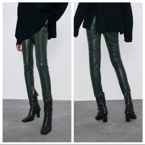 green zara faux high rise leather legging (zips open at bottom) NWT